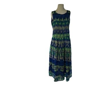 Stunning 100%silk Ikat  Blue and Green Sleeveless Dress size XL